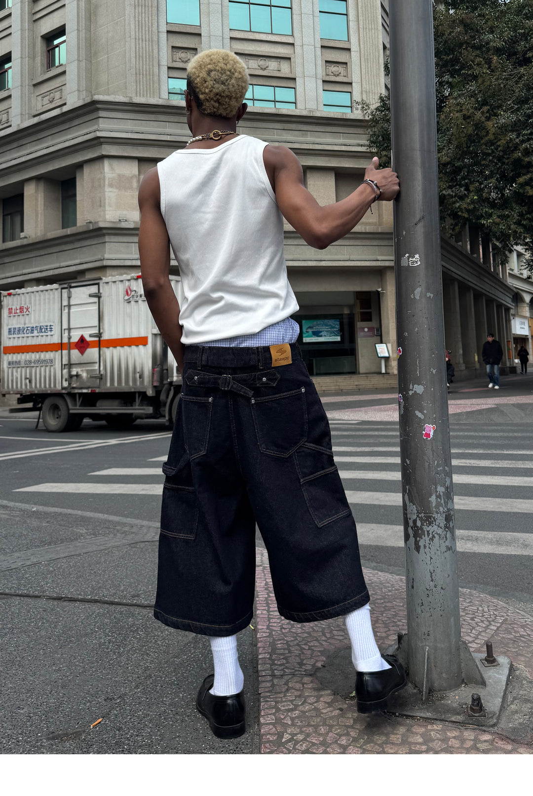 STEEPC Snap Button Double Knee Cropped Denim Baggy Shorts | Face 3 Face