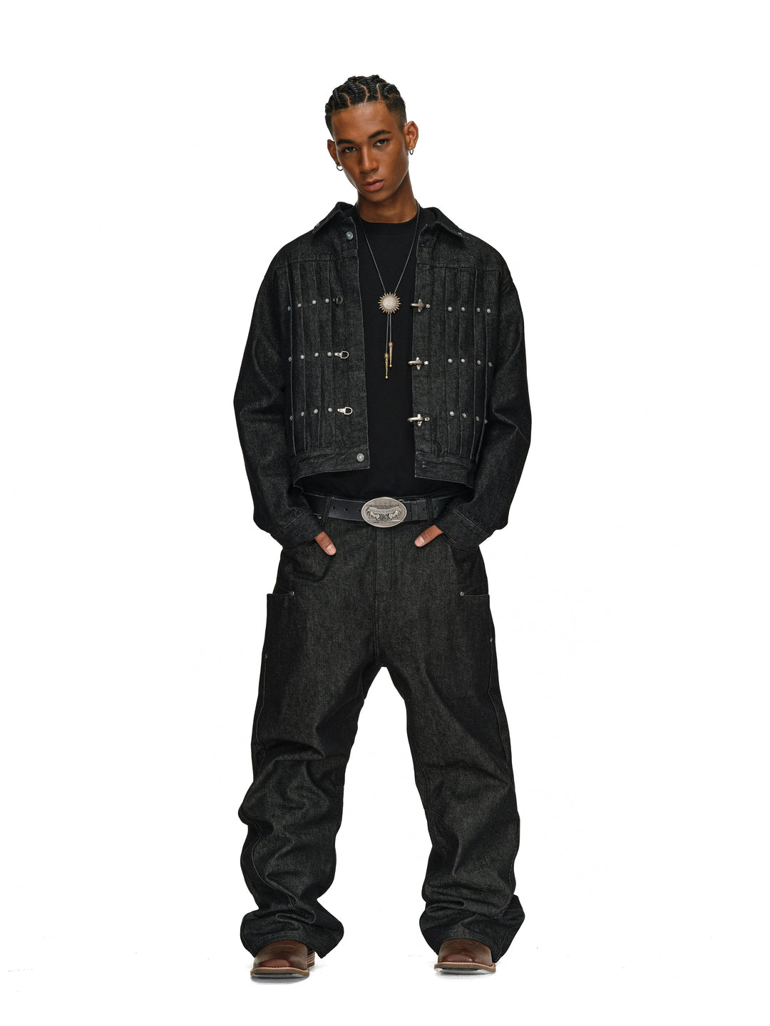 ANTIDOTE Turquoise Studded Pleated Buckle Denim Jacket | Face 3 Face