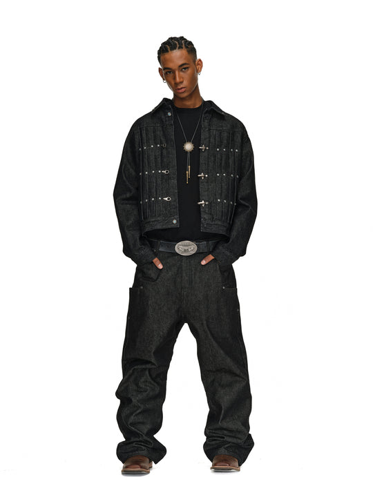 ANTIDOTE Turquoise Studded Pleated Buckle Denim Jacket | Face 3 Face