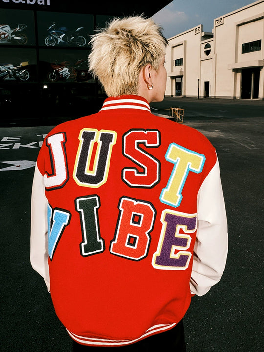 JUST VIBE Terry Multicolor Logo PU Leather Varsity Jacket | Face 3 Face