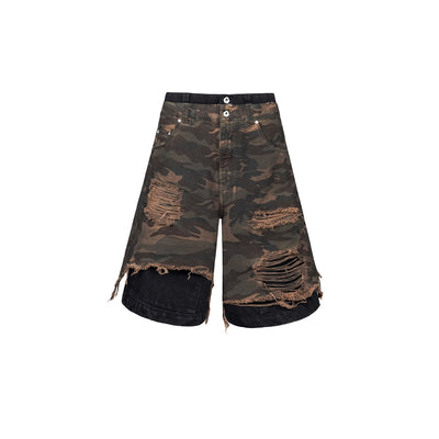 UNDERWATER Double Layer Damage Camo Cargo Denim Shorts | Baggy Jorts | Face 3 Face