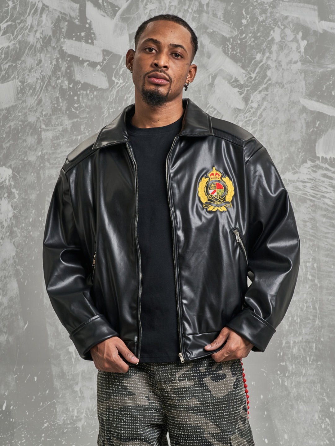 F3F Select Badge Embroidery Shoulder Pad Leather Jacket | Face 3 Face