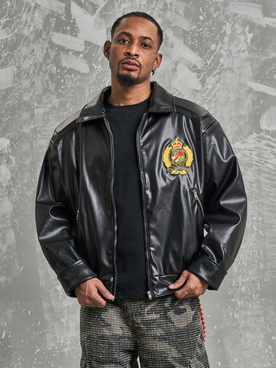 F3F Select Badge Embroidery Shoulder Pad Leather Jacket | Face 3 Face