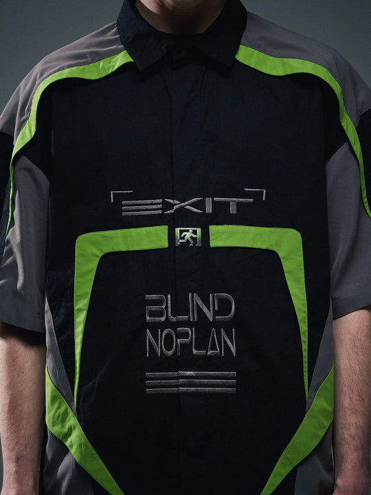 BLIND NO PLAN Colorblocked Racing Heavy Embroidery Short Sleeve Shirt | Face 3 Face
