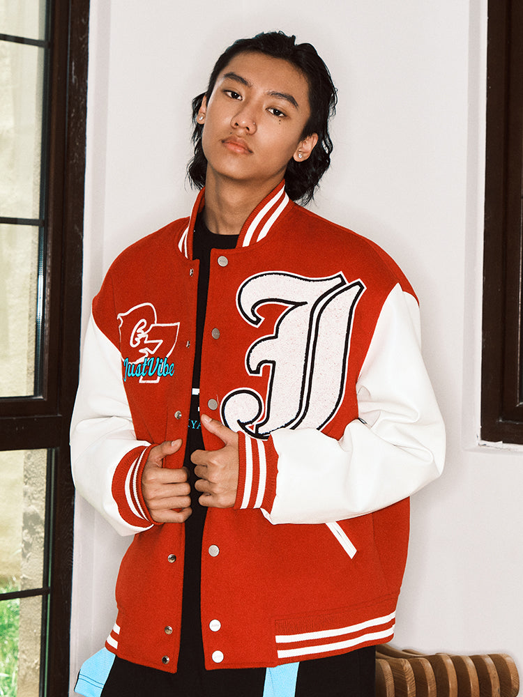 JUST VIBE Terry Big JV Logo PU Leather Varsity Jacket | Face 3 Face
