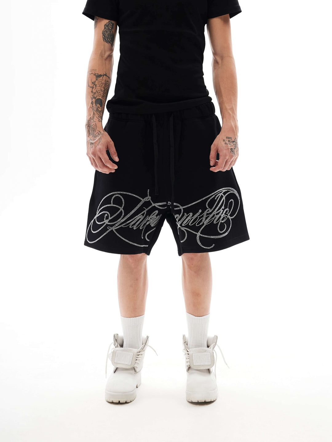 KARMANISTIC Rhinestone Letter Sweat Shorts | Face 3 Face