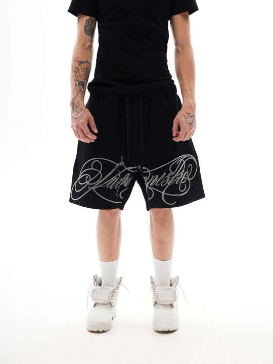 KARMANISTIC Rhinestone Letter Sweat Shorts | Face 3 Face