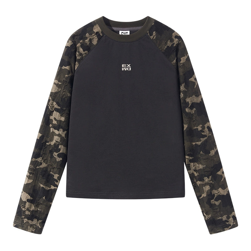 BLIND NO PLAN Camouflage Contrast Embroidered Raglan Long Sleeve Short Tee | Face 3 Face