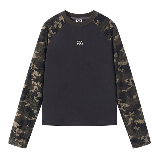 BLIND NO PLAN Camouflage Contrast Embroidered Raglan Long Sleeve Short Tee | Face 3 Face