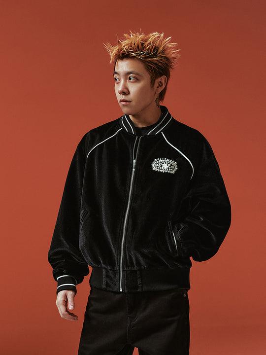 YADcrew Black Velvet Pearl-Embroidered Bomber Jacket | Face 3 Face