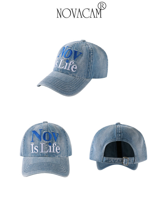 NOVACAM Washed Denim Nov Is Life Logo Embroidered Dad Hat | Face 3 Face