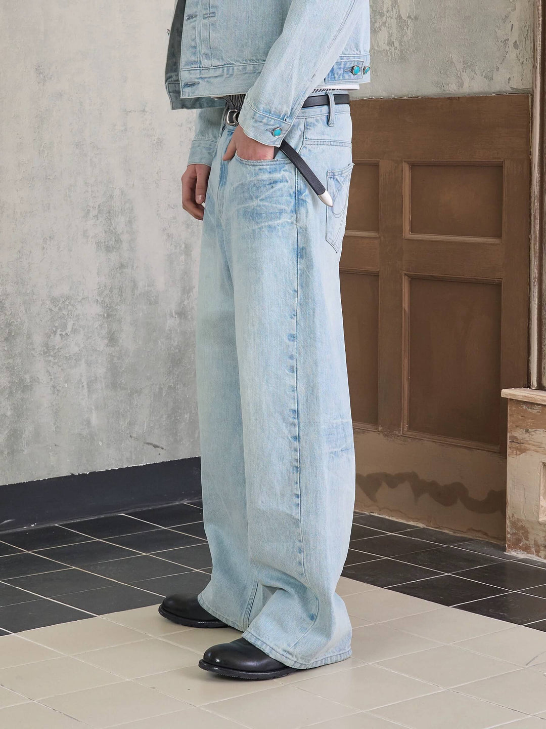 S45 Light Blue Heavy Washed Turquoise Button Flared Jeans