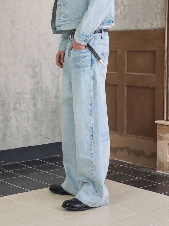 S45 Light Blue Heavy Washed Turquoise Button Flared Jeans