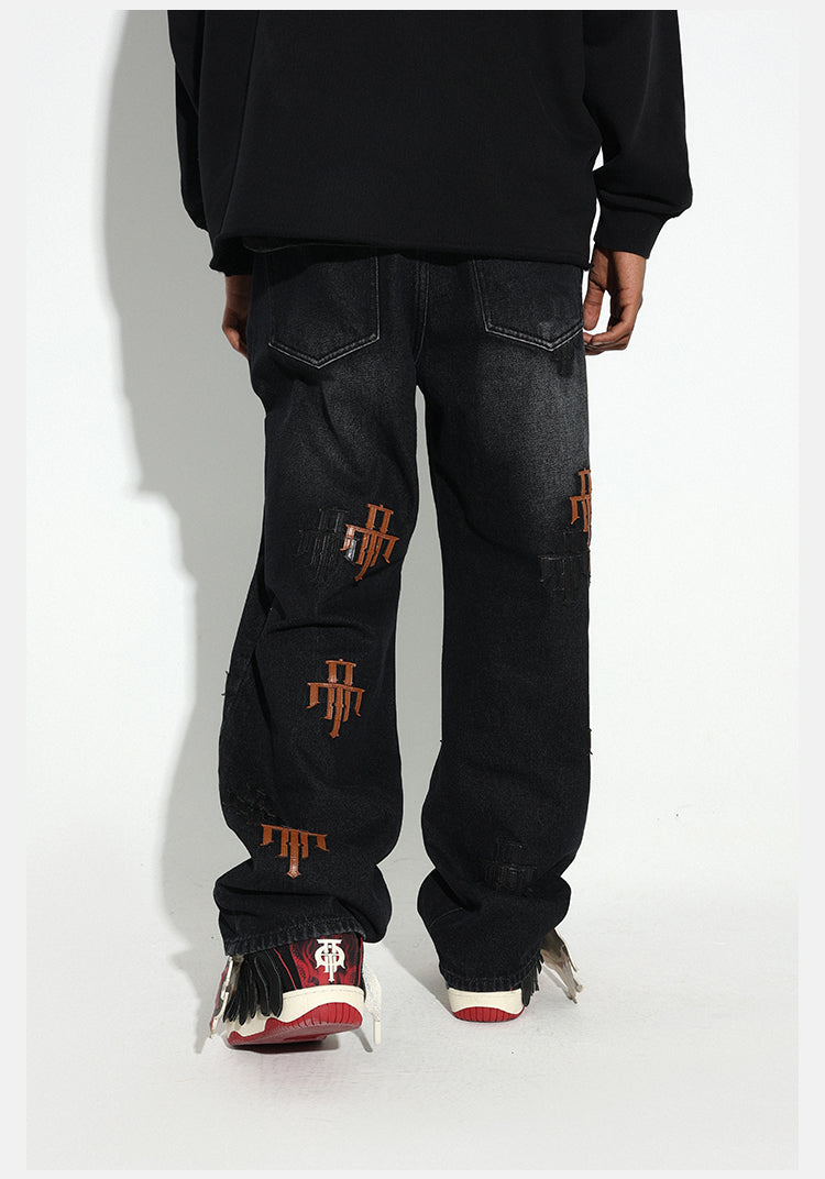 DICETINY Logo Leather Embroidered Jeans | Face 3 Face