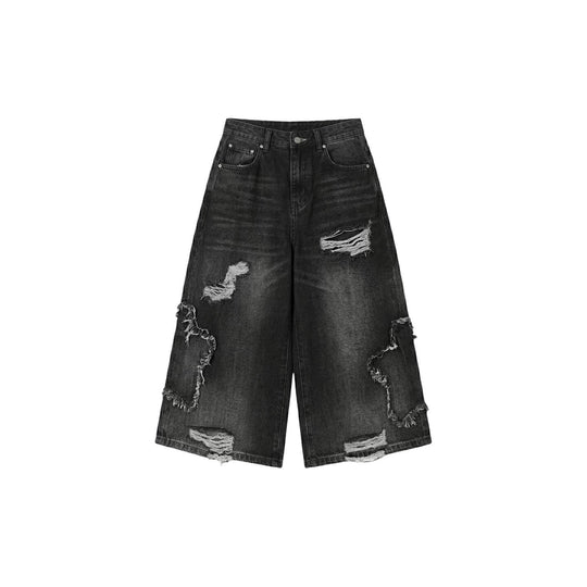 1807 Star Patch Washed Distressed Denim Cropped Shorts | Face 3 Face