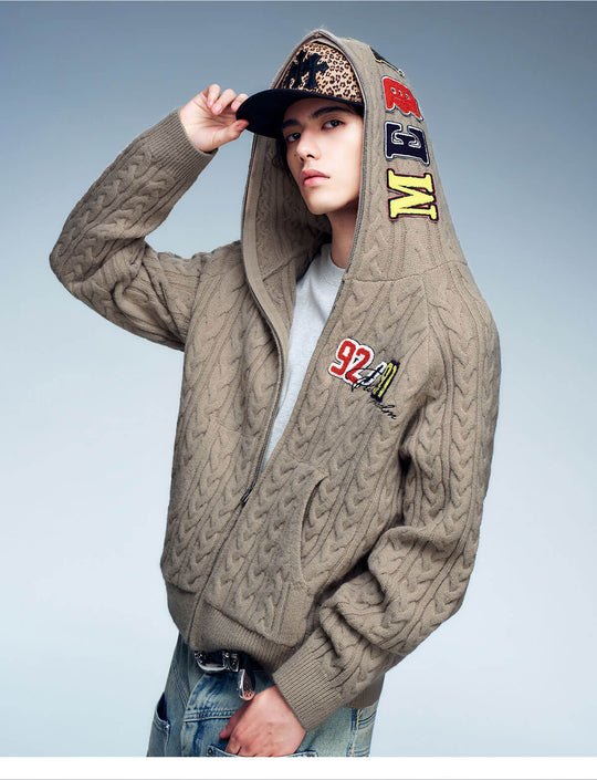 MEDM Patch Applique Zip Up Knit Hoodie | Face 3 Face
