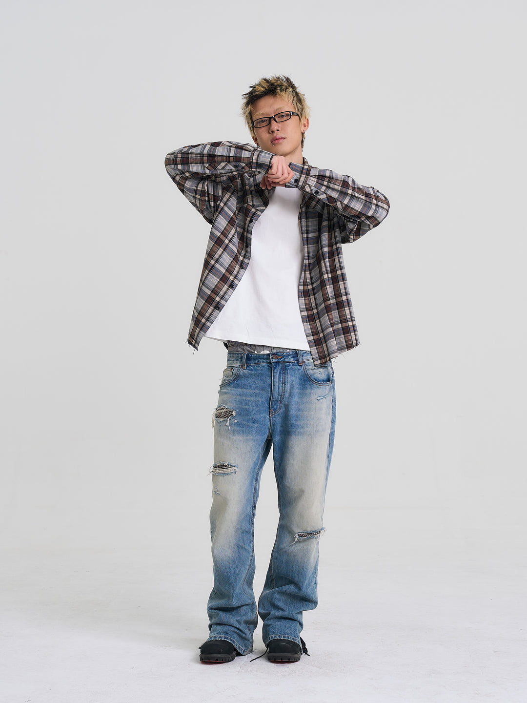 EVILKNIGHT(EK) Washed Checkered Patch Distressed Jeans | Face 3 Face