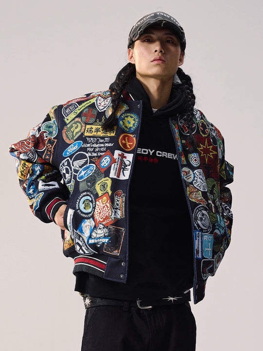 Remedy All Over Badge Print Varsity Jacket | Face 3 Face