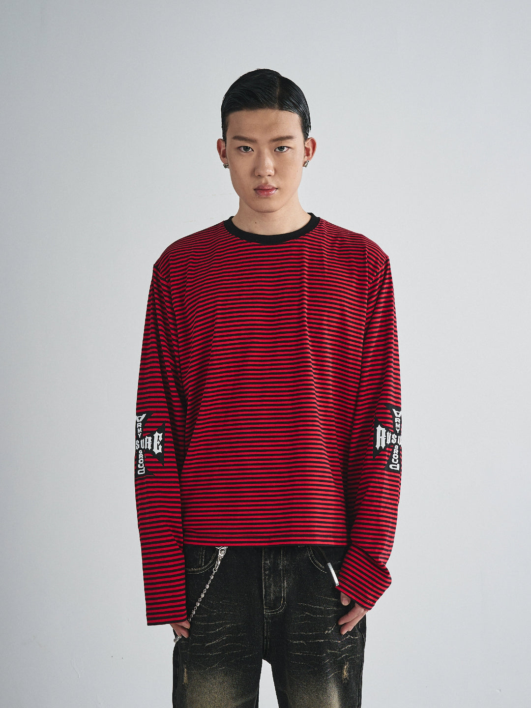 RUSURE Striped Cross Logo Print Long Sleeve Tee | Face 3 Face