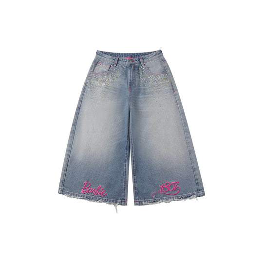 1807 Barbie Collaboration Rhinestone Detail Embroidered Denim Cropped Shorts | Face 3 Face
