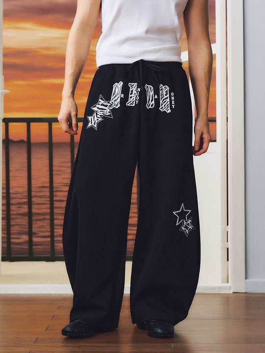 MEDM Animal Print Star Patch Rhinestone Curved Baggy Sweatpants | Face 3 Face