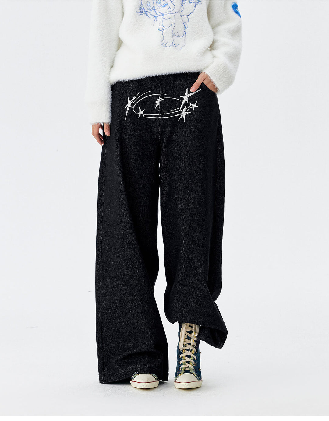 MEDM Stunner Bear Star Embroidered Baggy Jeans | Face 3 Face