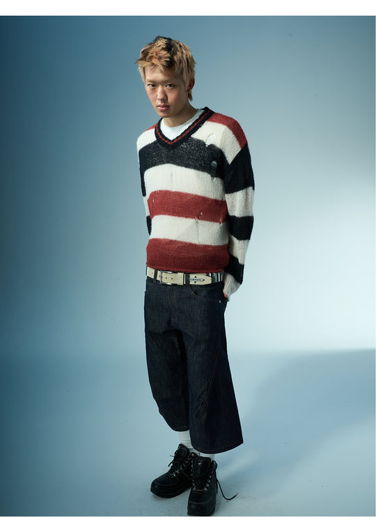 EVILKNIGHT(EK) Striped Colorblocking Distressed V-Neck Knit Sweater | Face 3 Face