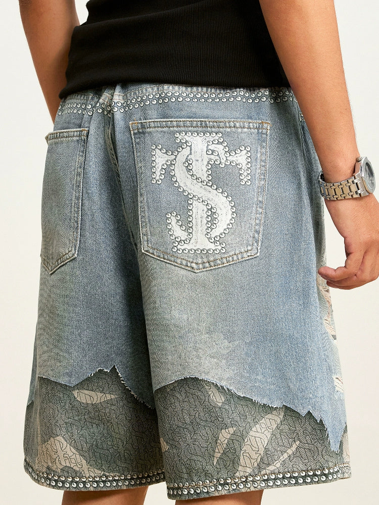 Small Town Kid Rhinestone Destroyed Print Denim Shorts | Face 3 Face