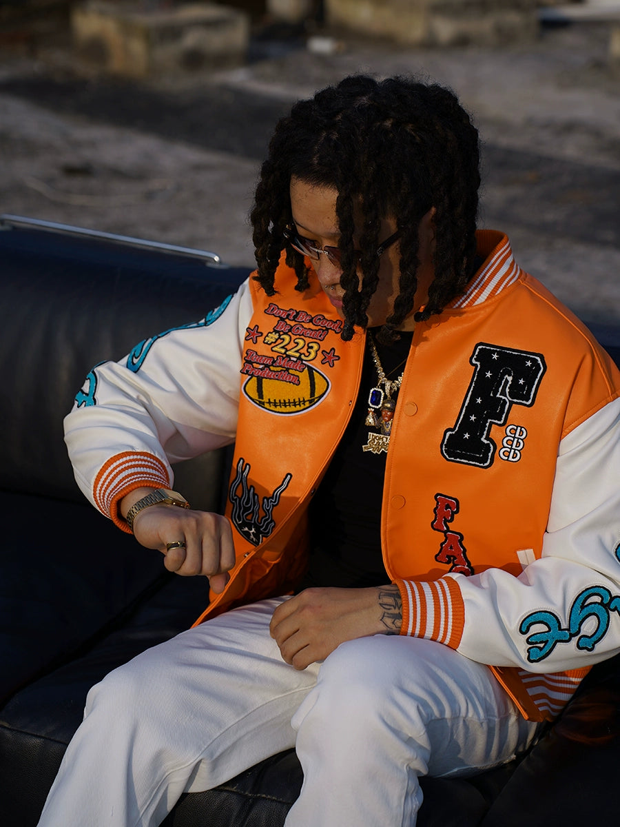 TGFCLUB Trophy Embroidered Colorblock PU Leather Varsity Jacket | Face 3 Face