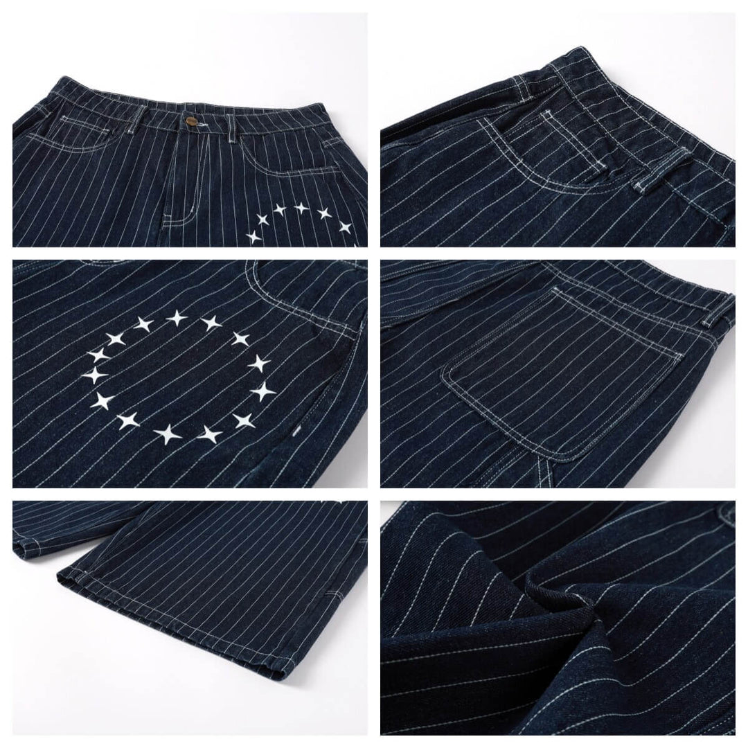 NOVACAM Circle Star Print Pinstripe Baggy Denim Shorts | Face 3 Face