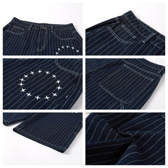 NOVACAM Circle Star Print Pinstripe Baggy Denim Shorts | Face 3 Face