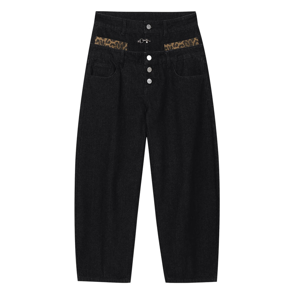 MEDM Double Waist Leopard Print Pocket Baggy Jeans | Face 3 Face