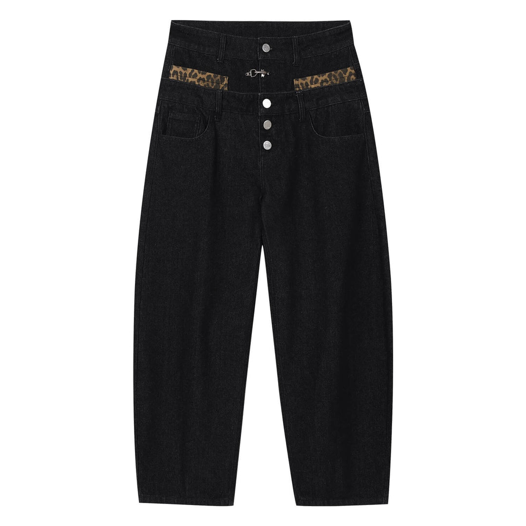MEDM Double Waist Leopard Print Pocket Baggy Jeans | Face 3 Face