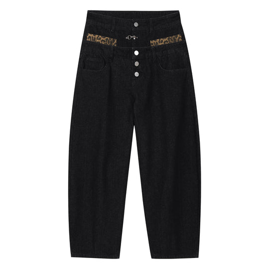 MEDM Double Waist Leopard Print Pocket Baggy Jeans | Face 3 Face