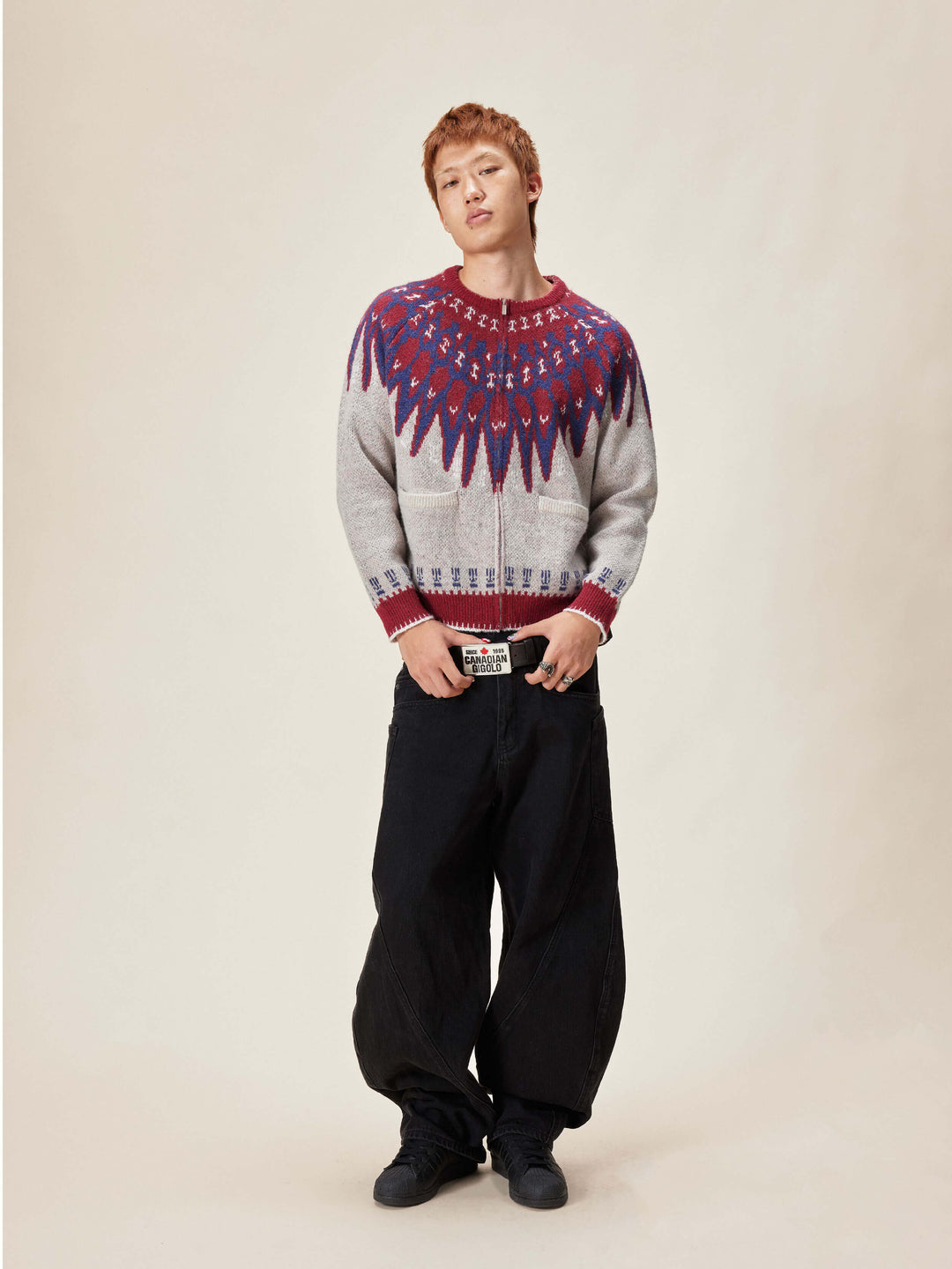 EVILKNIGHT(EK) Ethnic Pattern Knit Zip Up Cardigan