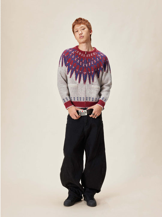 EVILKNIGHT(EK) Ethnic Pattern Knit Zip Up Cardigan