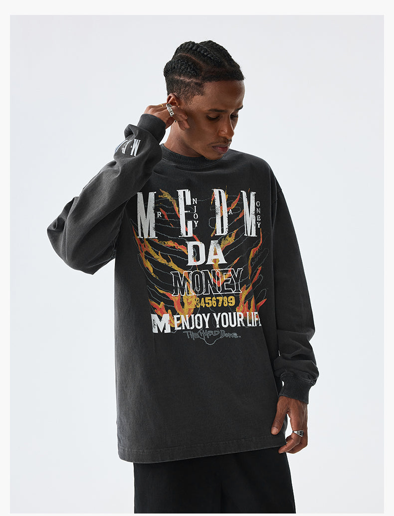 MEDM Flame Bones Graphic Washed Long Sleeve Tee | Face 3 Face
