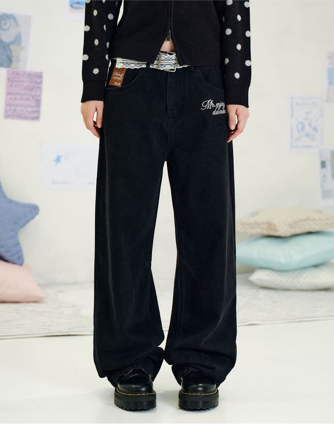 MEDM Leather Label Logo Embroidered Jeans | Face 3 Face