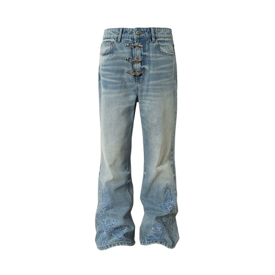 YADcrew Snap Button 3D Embroidery Washed Jeans | Face 3 Face