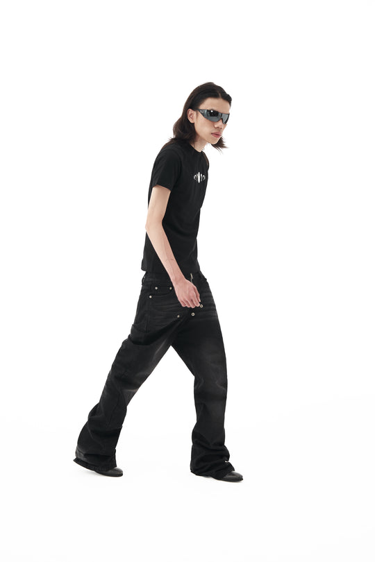 KARMANISTIC Rivet Zipper Fly Washed Flared Jeans | Face 3 Face