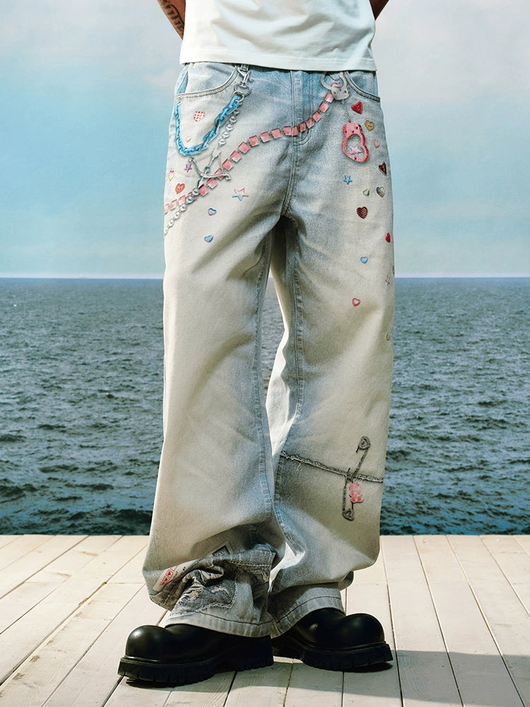 YADcrew Cute Heart Photorealistic Print Jeans | Face 3 Face