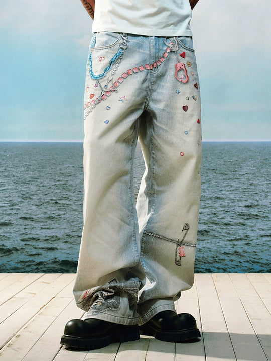 YADcrew Cute Heart Photorealistic Print Jeans | Face 3 Face