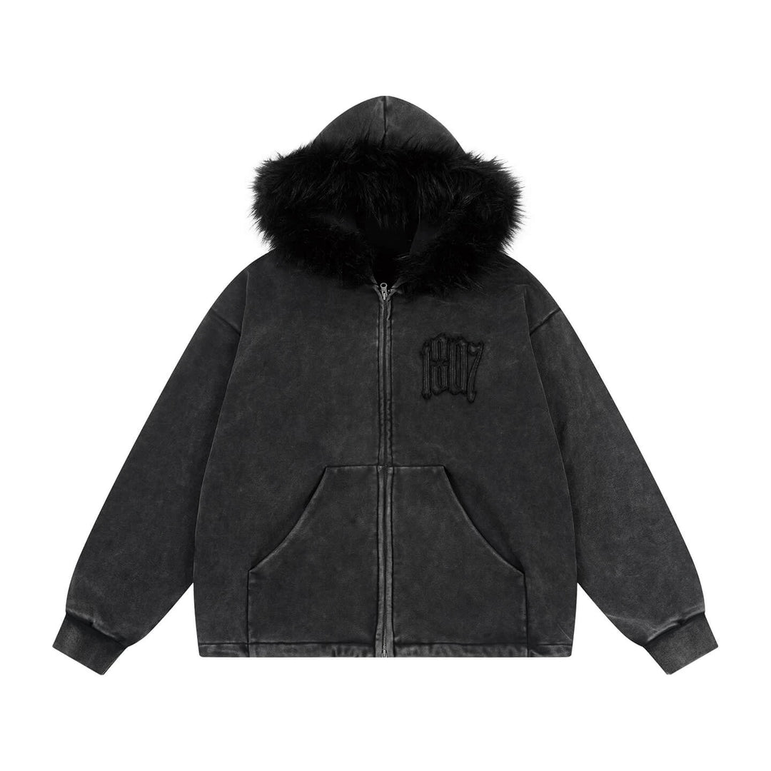 1807 Faux Fur Hood Trim Washed Zip Up Hoodie | Face 3 Face