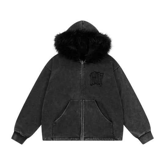 1807 Faux Fur Hood Trim Washed Zip Up Hoodie | Face 3 Face