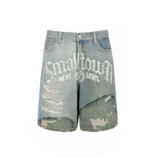 Small Town Kid Rhinestone Destroyed Print Denim Shorts | Face 3 Face