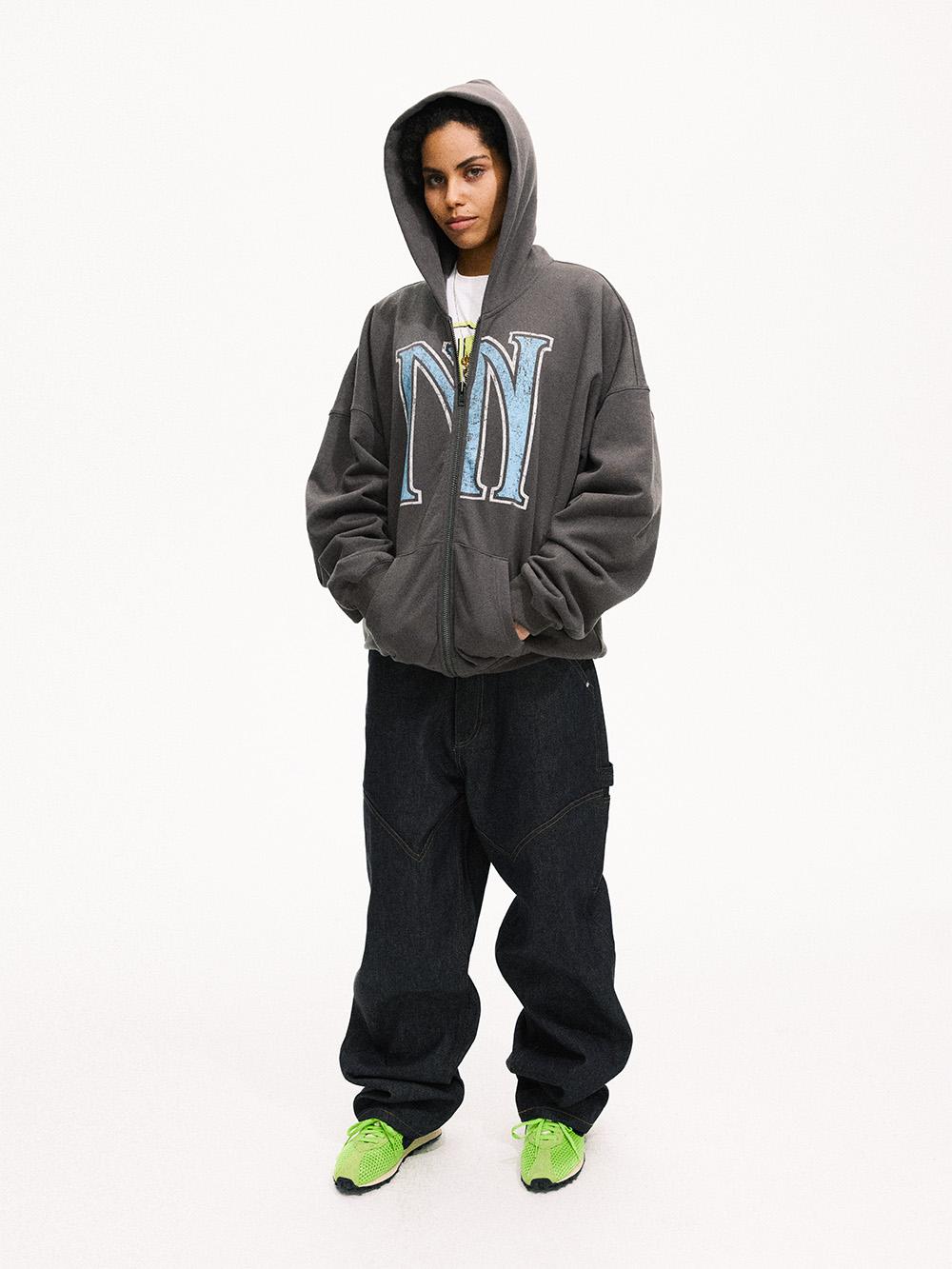 MHARF Gray Vintage Print Zip-Up Hoodie | Face 3 Face