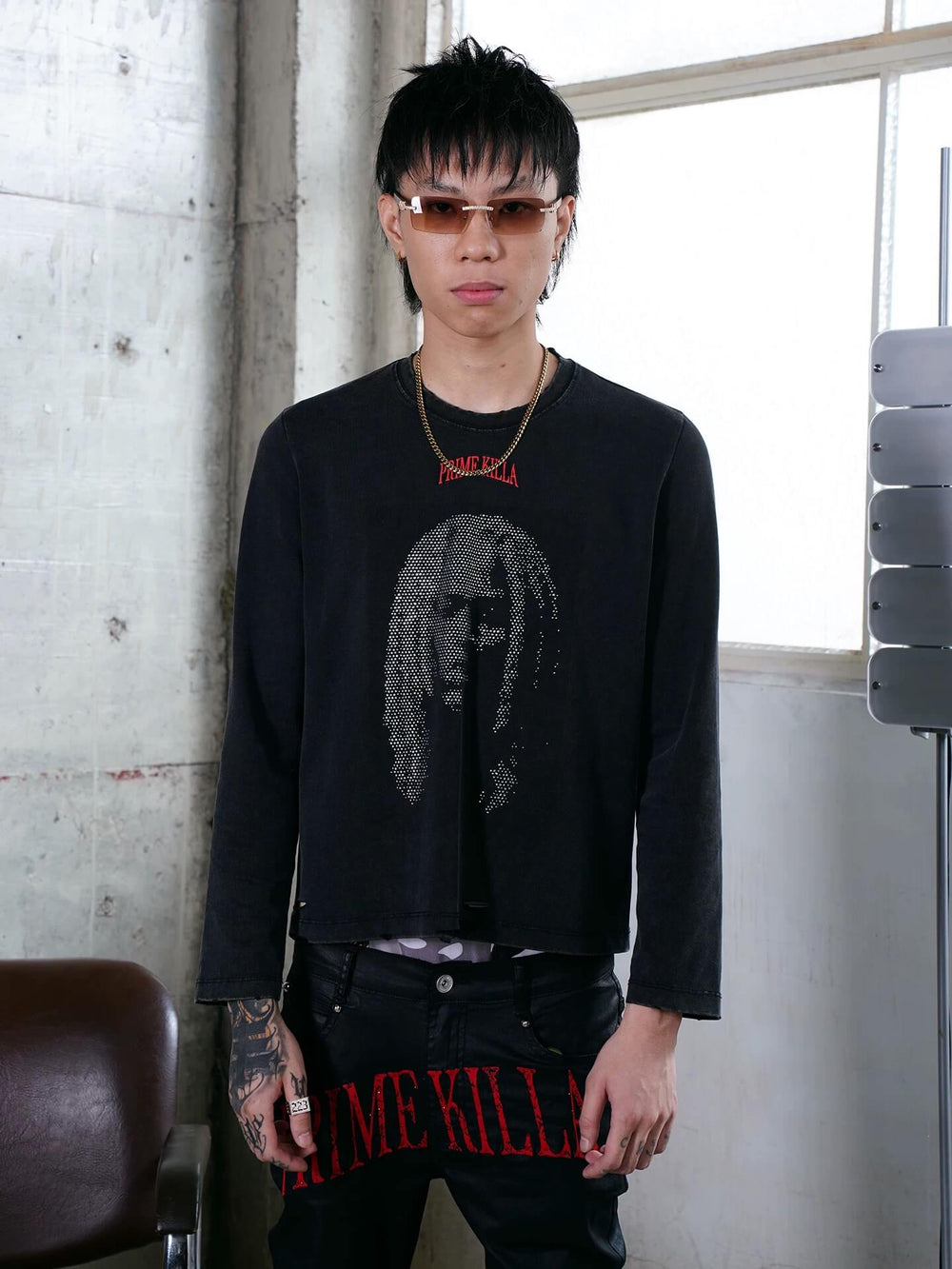 TGFCLUB Rhinestone Portrait Heavy Washed Distressed Long Sleeve Tee | Face 3 Face