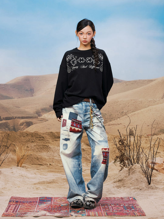 YADcrew Ethnic Patchwork Print Jeans | Face 3 Face