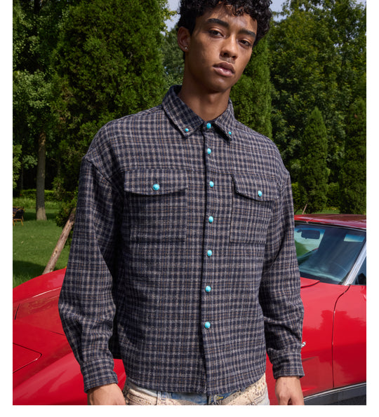 S45 Turquoise Button Plaid Long Sleeve Shirt | Face 3 Face