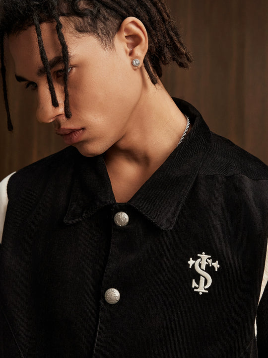 Small Town Kid Rivet Cross stitching Patch Corduroy Varsity Jacket | Face 3 Face